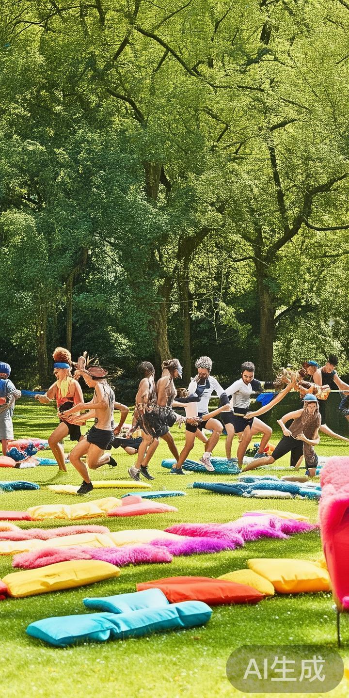 这项运动融合了多种障碍元素，诸如翻越垫子、穿越绳网